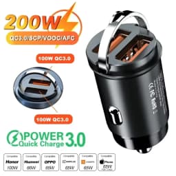 Car 100-200W Dual Port Mini USB Charger Ultra Fast Charging Cigarette Lighter Socket 12-24V Aluminum Cell Phone Charging Adapter