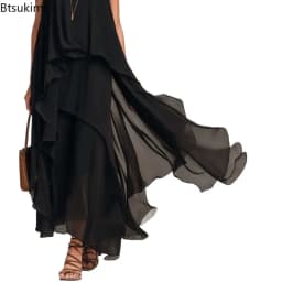 Women's Elegant Solid Dress Summer Casual O Neck Sleeveless Asymmetrical Ruffle Layered Chiffon Maxi Dress Holiday Party Dress