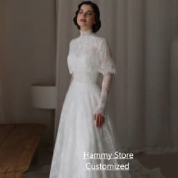 Saudi Arabian Pearls Lace Wedding Dress Customized High Neck Full Sleeves Court Train A Line vestidos de novia Bridal Gown