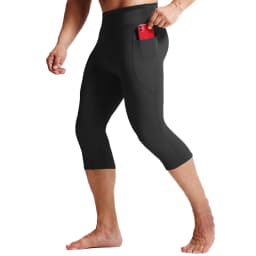 Men's High Waist Compression 3/4 Running Pants, High Elastic Quick Dry Breathable Gym Workout Capri Leggings with Side Pockets