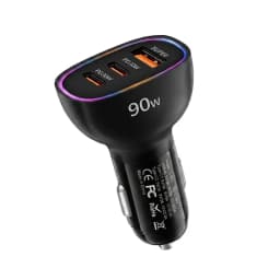 Fast Car Charger 90W 3 Ports Multi USB C PD 30W and USB A QC 30W Automobile Power Adapter with Glowing Ring For Smart Devices