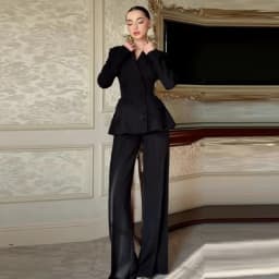 Chic 3d Bead Black Suit Pant Set Long Sleeved V-neck Waist Lace Up Suit Jacket Cozy Versatile Pant 2026 Commuting Woman Clothing