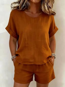 2026 Summer New Women's Solid Color Casual Crew Neck Short Sleeve Top & Shorts 2-Piece Outfit Set