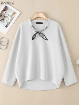 ZANZEA Women's Solid Color High-Low Sweatshirt with Scarf V-Neck Long Sleeve Knitted Pullover Tops Loose Casual Woman Clothing