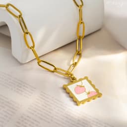 316L Stainless Steel Necklace - Whimsical Cherry Strawberry Charm Pendant, 17mm Square Hypoallergenic Dainty Jewelry for Women
