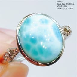 Natural Blue Larimar Oval Adjustable Ring Jewelry Water Pattern Real Larimar For Women Men Healing Fashion Stone AAAAAA
