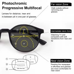 Progressive Multifocal Reading Glasses, Photochromic, Clear Vision, Round Frame, Lightweight to Wear, Stylish Appearance Suitable for Both Men and Women