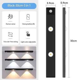 20-50cm LED Under Cabinet Lights Motion Sensor Night Light Ultra Thin Dimmable 3Color USB Rechargeable for Wardrobe Indoor