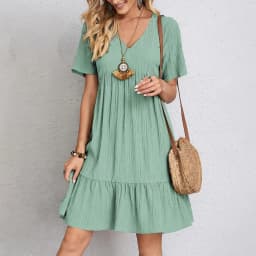 Women Summer Dresses Spring V-Neck Short Sleeve Loose Waist Ruffle Fit Flare Vocation Dresses
