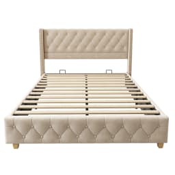 180x200cm Linen Upholstered Bed with Lattice Headboard Button Rivet Design Solid Wood Legs Without Mattress109