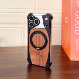Luxury Metal Frame Walnut Wood Frameless Phone Case For iPhone 18 17 16 15 14 Pro Max Magsafe Magnetic Rotating Bracket Cover