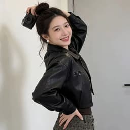 Chic Black Women Pu Leather Jacket Cropped Zip Up Lapel Collar Moto Y2K Streetwear Biker Faux Outerwear Top