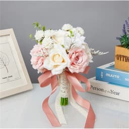Holding Flowers Artificial Natural Rose Wedding Bouquet With Silk Satin Ribbon Pink White Champagne Bridesmaid Bridal Party