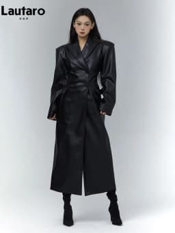 Lautaro Spring Autumn Long Black Fitted Soft Pu Leather Trench Coat for Women with Shoulder Pads Luxury Designer Clothing 2023