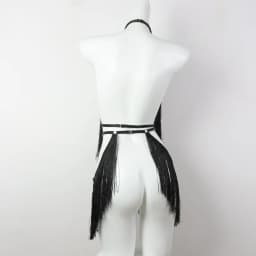 UYEE 2PCS Women's Black Halter Top with Tassel Detail Adjustable Elastic Harness Casual All-Season Wear Belt Set