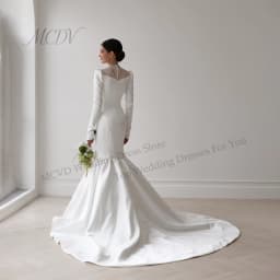 Elegant V-Neck Satin Wedding Dresses Bridal Long Sleeve Sweep Train Zipper Back Mermaid Bridal Gown свадебное платье Customized