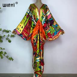 2023 WINYI Sexy Beach High-Quality Silk Feel Fashion Print Maxi Women's Robes Long V-Neck Bohemian Dress Party Evening Dress