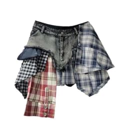 DEAT Fashion Women's Patchwork Plaid Button Design Denim 2024 Summer Skirts New A-line High Waist Mini Skirt Female 29L7797