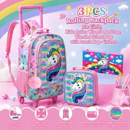 3PCS Rolling Backpack for Girls Kids Roller Wheels Bookbag with Lunch Bag Pink Unicorn Glow-in-the-dark Function