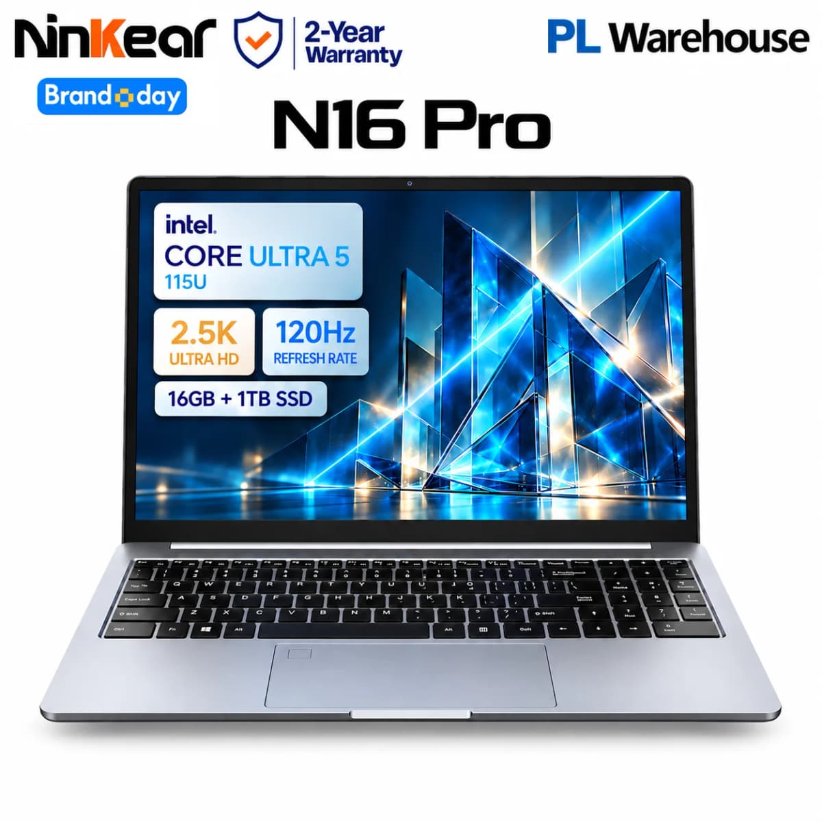 Ninkear N16 Pro Laptop Intel Core Ultra 5 115U, 16GB LPDDR5 RAM 1TB SSD, 16 Inch 2.5K IPS 120Hz Display, 100% SRGB, WiFi 6, Backlit Keyboard, Fingerprint Unlock, 65W USB-C Charging, Metal Body, Notebook for Office Work, Study and Multitasking