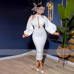 Customized Saudi Arabia Midi Wedding Dresses Jersey Sheath Wedding Party Dress White High Collar Pearls Lace Hall Wedding Dress