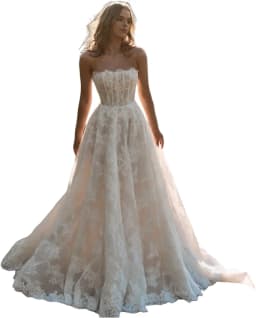 Customized Elegant Lace Tulle White Wedding Dresses for Bride Boho A-Line Bridal Dresses for Women Strapless Simple Wedding Gown