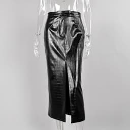 Linad Office Lady Brown PU Split Mid Calf Skirts Street Chic Slim Zipper Skirts Women 2026 Vintage High Waist Straight Skirt