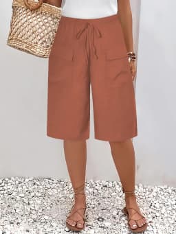 2026 New Summer Autumn Knee Length Drawstring Elastic High Waist Short Style Women's Pockets Casual Solid Color Shorts Pants
