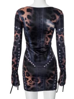 Weird Puss Patchwork Print Dress Women o-Neck Lace-Up Full Sleeve Hottie Trend Skinny Stretch Peach Hip Mini Bodycon Streetwear
