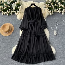 French Vintage O Neck Hollow Out Lace Patchwork Long Lantern Sleeves Korean Fashion Dresses Women's Autumn Waist Sweet Clothing