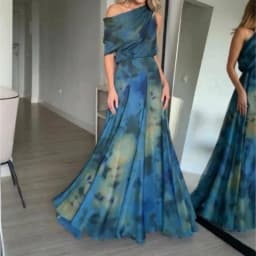 Elegant Blue Ombre Tie-dye Printed Off Shoulder Maxi Dress Satin Cowl Neck Tie Draped Dresses Party Wedding Luxury Evening Gowns