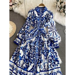 Spring Autumn Retro Palace Long Sleeved Standing Neck Waist Slim Appearance Single woman Breasted A-line Celadon Print Dress