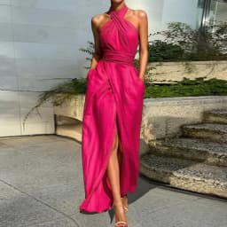 Women Summer Sleeveless Maxi Dress Elegant Split Halter Neck Chic Party Dress Solid Color Simple Fashion Streetwear for Holiday