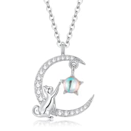 WOSTU 925 Sterling Silver Cute Cat Moon Pendant Necklace For Women, reamy Moonstone Zircon Charm Necklaces Special Gift For Her
