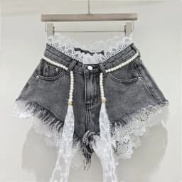 2026 Summer Denim Shorts New Splicing Hook Flower Lace Lace with Waist Rope Tassel Denim Shorts Women's Hot Pants Trend