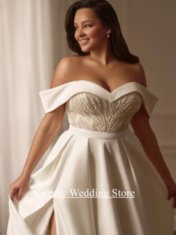 Plus Size Wedding Dress Vestido De Noiva Customized Off The Shoulder Sweetheart Beading Pearls A Line Satin Bridal Gown