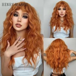 HENRY MARGU Long Wavy Brown Red Orange Wigs with Bangs Cosplay Party Heat Resistant Synthetic Hair Wigs for Black Women Afro