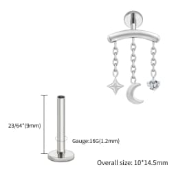 Right Grand ASTM F136 Titanium Hidden Helix Chain Earring 16G Dainty Star Moon CZ Dangle Cartilage Stud Piercing Jewelry