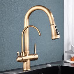 Gold Purify Water Kitchen Faucet Deck Mounted Dual Handle Faucet Purification Kitchen Sink Faucet 2 Swivel Spout Water Mixer Tap