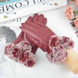 Women's Large V-shaped Touch Screen Warm Plush Leather Gloves Winter Cycling Fashion Black PU Leather Gloves