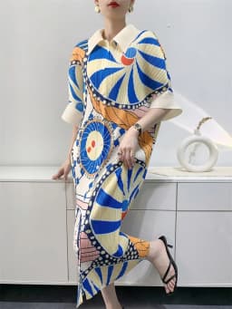 Miyake Pleated Women's Dresses Mid-length Printed Dresses Loose Plus Size Bat Sleeve Fashion Casual Skirts 2024 Early Spring New