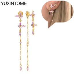 925 Sterling Silver Needle Pink Crystal Heart Hoop Earrings for Women Fashion Geometric Pendant Earrings Luxury Jewelry Gifts