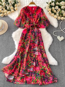 Summer Women Red/White/Yellow Floral Printed Irregular Ruffle Long Dress Vintage V-Neck Puff Sleeve Elegant Dress With Belt New