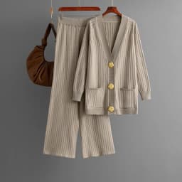 Autumn/winter Casual Women's Knitted Pants Set V-neck Long Sleeved Single Breasted Knitted Sweater Cardigan+ Wide Leg Pants