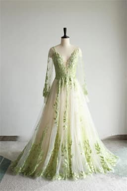 Customized Light Green Leaf Embroidery Wedding Dress V Neck Long Sleeves vestidos de novia A-line Backless Court Train Formal