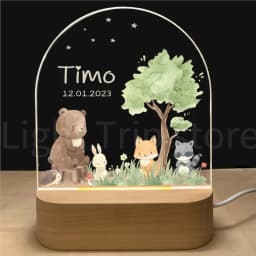 Personalized Baby Birth Night Light Custom Name Animal Elephant Lion with USB Wood Base Lamp for Bedroom Table Rainbow Decor