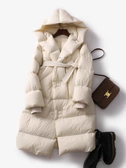Janveny 2025 New Oversized Hooded Winter Puffer Jacket Women Solid Thick Warm Sashes Tie Up White Duck Down Over The Knee Coat