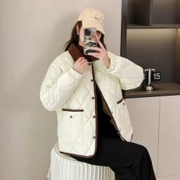 Autumn Winter Overcoat PU Leather Cotton-padded Jacket Women's Rhombic Lattice Short Coats Female Warm Outerwear No-wash Parkas
