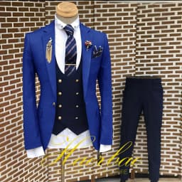 Men's Suit Business Jacket Dark Gray Jacket Navy Blue Vest Pants 3-Piece Set Slim Fit Wedding Tuxedo for Men