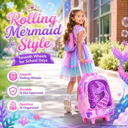 Rolling Backpack for Girls, Roller Wheels Kids Bookbag - Wheeled Suitcase Elementary Sequin School Bag - 3PCS Mermaid